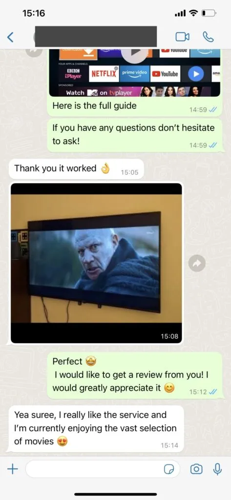 Capture d'écran retours clients WhatsApp tv speedy 1